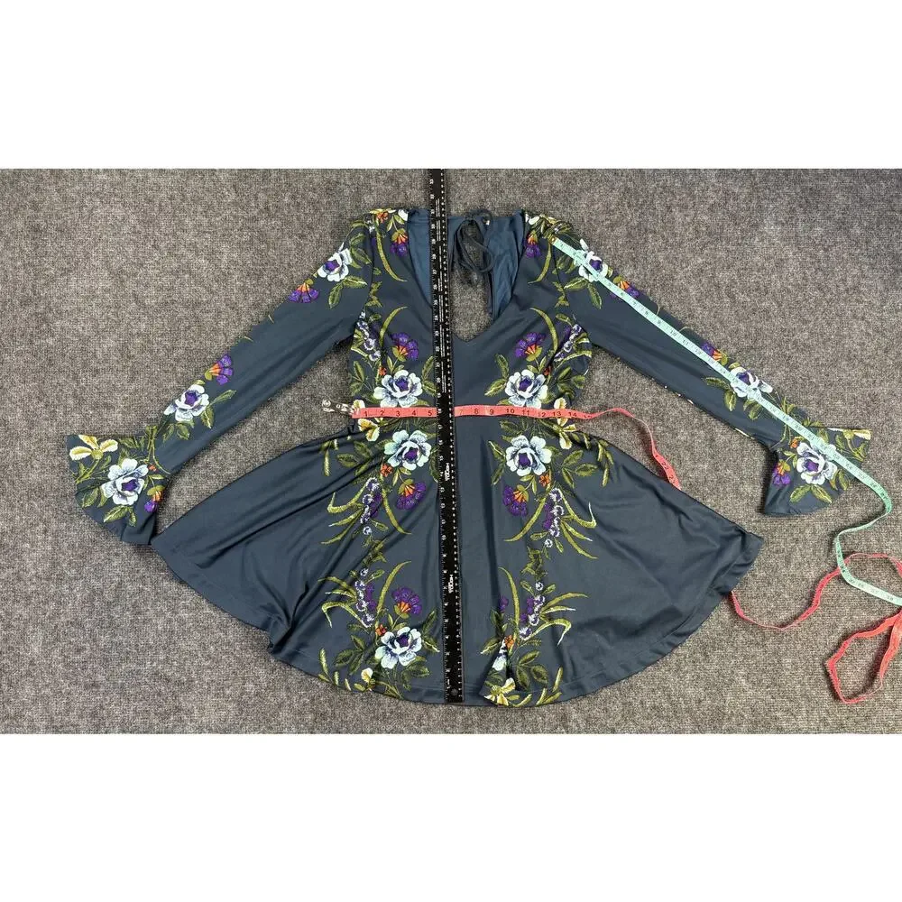 Free People In The Flowers Embroidered Mini Dress Gray Floral Bell Sleeve